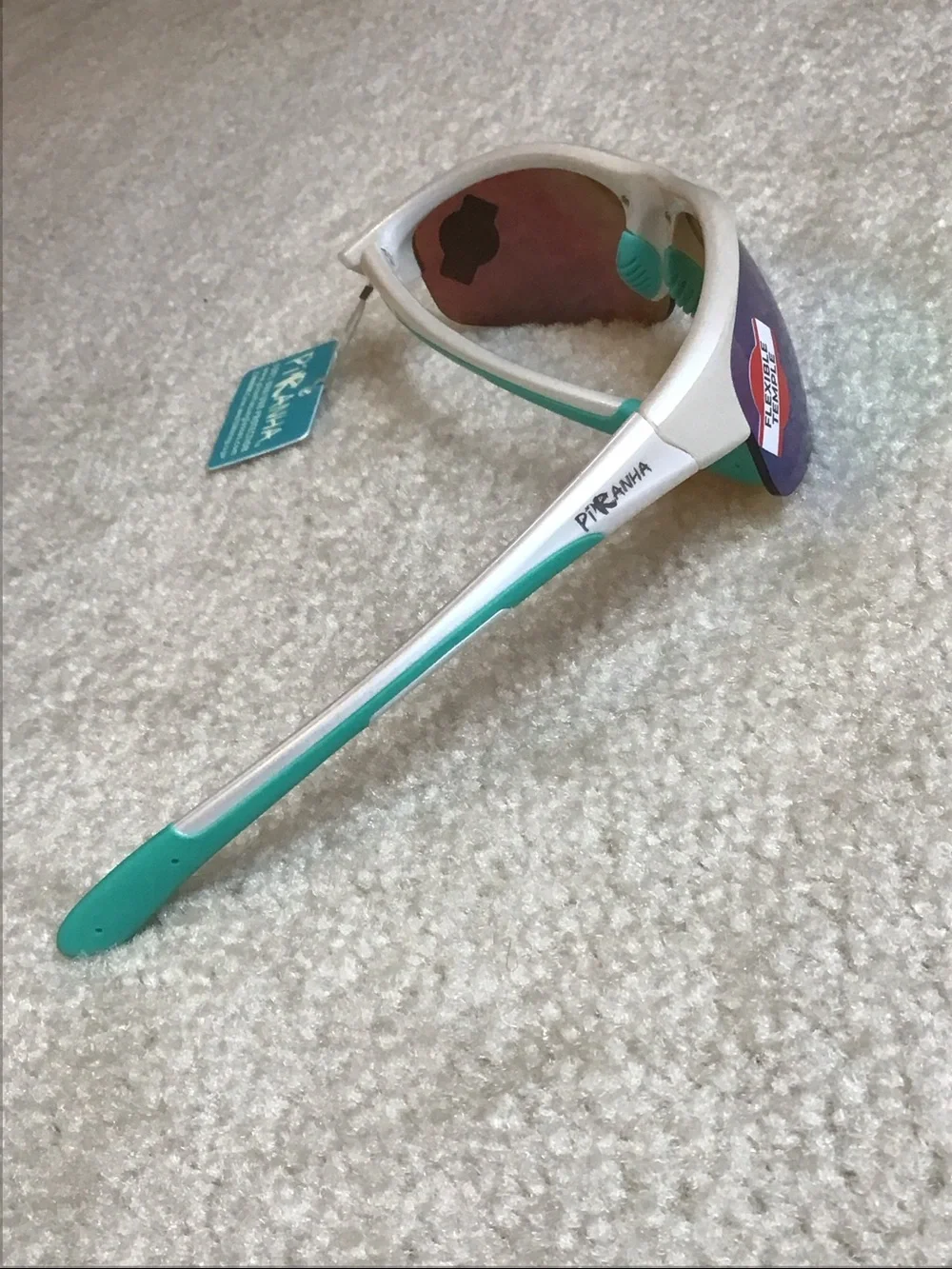 Piranha Sunglasses, White/Teal with Rainbow Mirrored Lenses, 100% UVA/UVB Protct